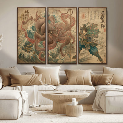 Tsukioka Yoshitoshi Samurai Wall Art Print, Japanese Katana Warrior Canvas Wall Art, Octopus Sea Monster Canvas Print,