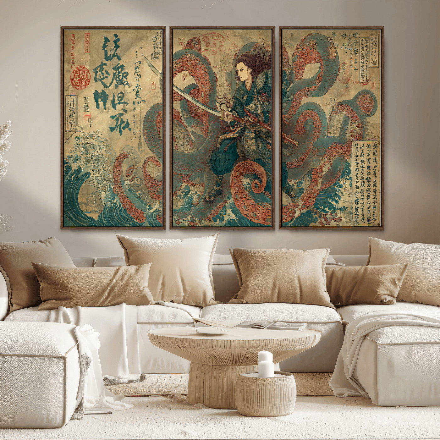 Tsukioka Yoshitoshi Samurai Wall Art Print, Japanese Katana Warrior Canvas Wall Art, Octopus Sea Monster Canvas Print,