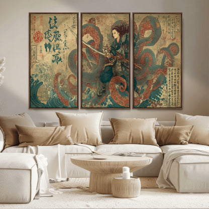 Tsukioka Yoshitoshi Samurai Wall Art Print, Japanese Katana Warrior Canvas Wall Art, Octopus Sea Monster Canvas Print,