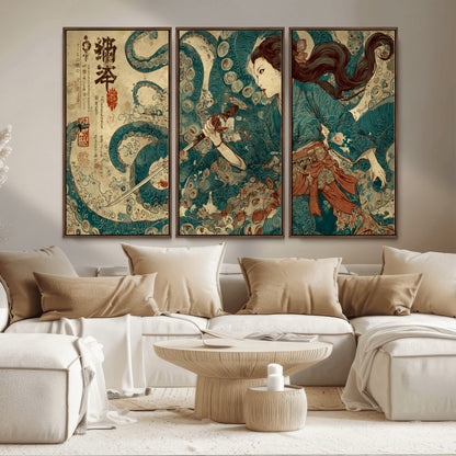 Tsukioka Yoshitoshi Samurai Wall Art Print, Japanese Katana Warrior Canvas Wall Art, Octopus Sea Monster Canvas Print,