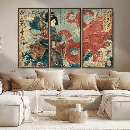Tsukioka Yoshitoshi Samurai Wall Art Print, Japanese Katana Warrior Canvas Wall Art, Octopus Sea Monster Canvas Print,