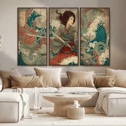 Tsukioka Yoshitoshi Samurai Wall Art Print, Japanese Katana Warrior Canvas Wall Art, Octopus Sea Monster Canvas Print,