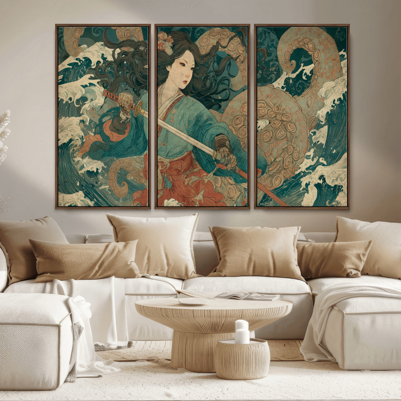 Tsukioka Yoshitoshi Samurai Wall Art Print, Japanese Katana Warrior Canvas Wall Art, Octopus Sea Monster Canvas Print,