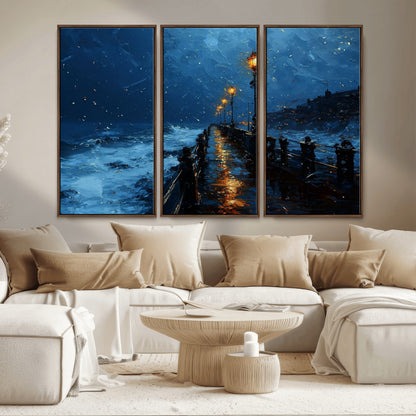 "Impressionistic painting of a rainy pier at night with glowing street lamps reflecting on the wet surface, ocean waves crashing under a dark blue sky."
