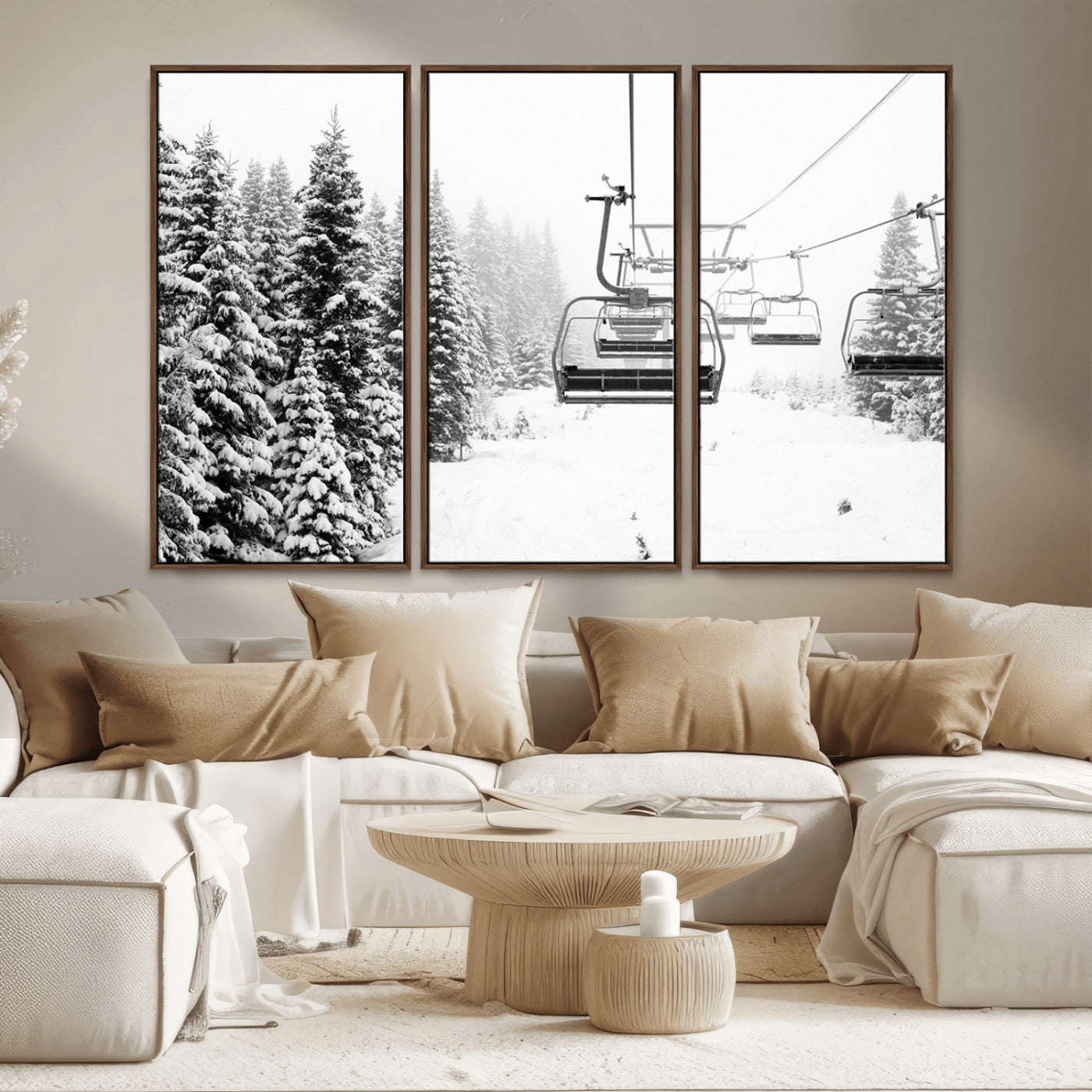 Black and white canvas of empty ski lifts over a snowy pine forest, perfect for minimal winter or ski lodge-inspired decor.