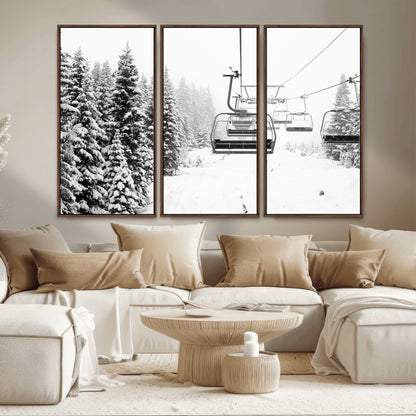 Black and white canvas of empty ski lifts over a snowy pine forest, perfect for minimal winter or ski lodge-inspired decor.
