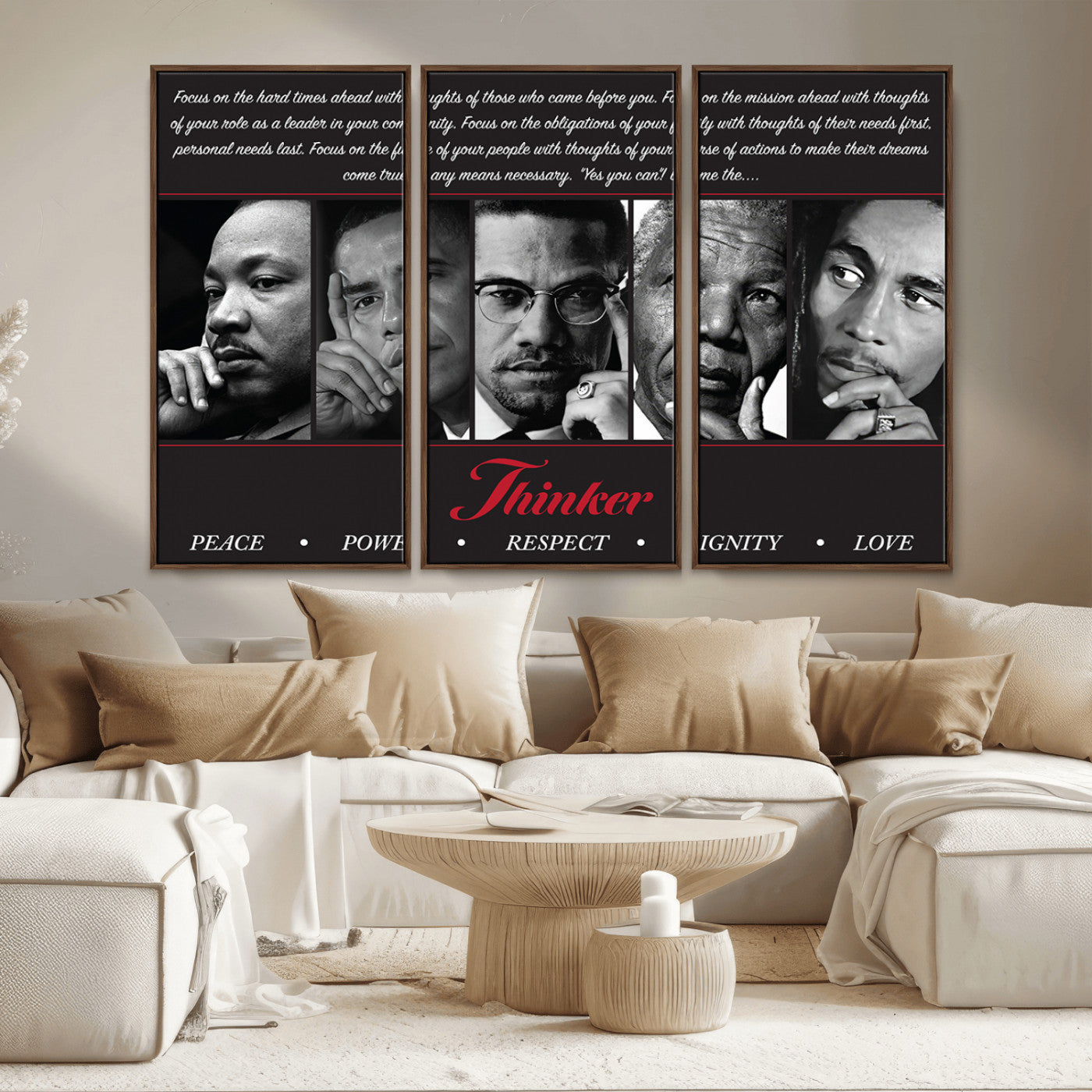 Monochrome canvas of iconic Black leaders with a powerful quote, perfect for modern spaces with a cultural or motivational theme.