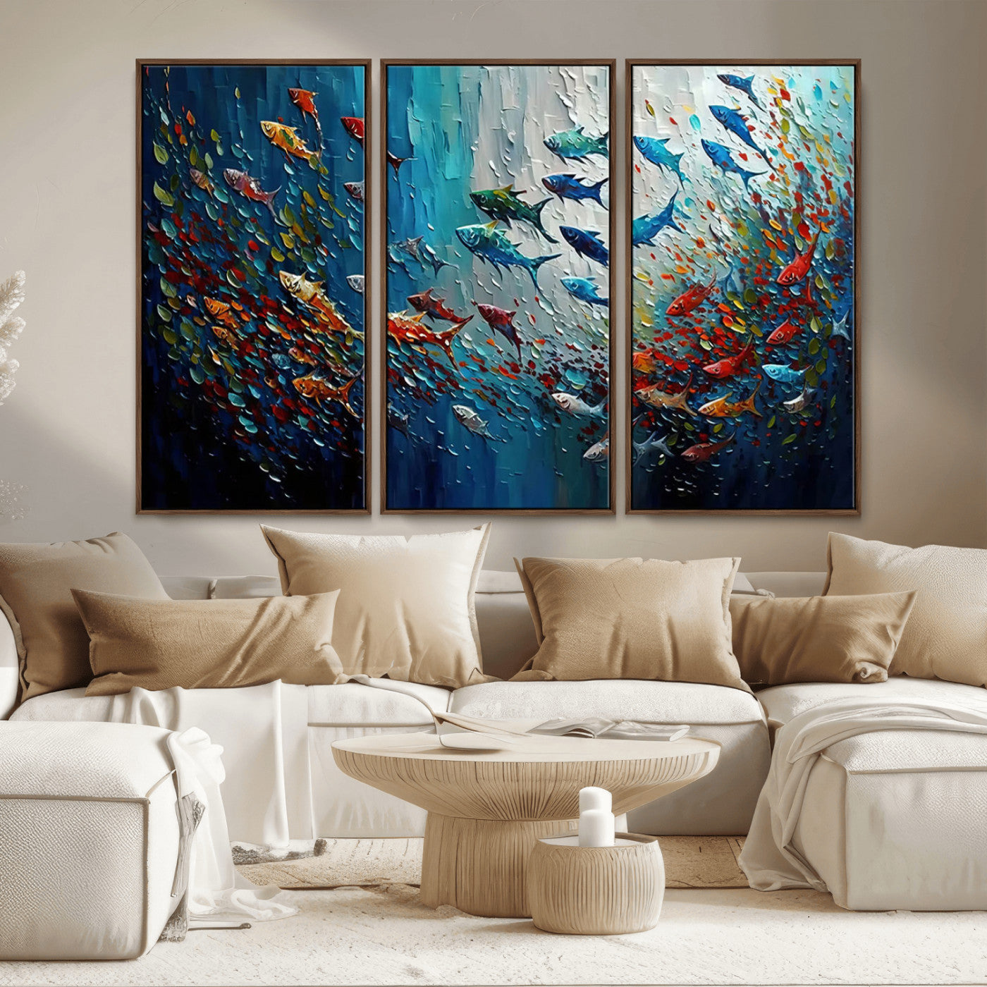 Colorful painting of fish swimming in abstract ocean swirls, perfect for vibrant marine-themed or expressive coastal home decor.