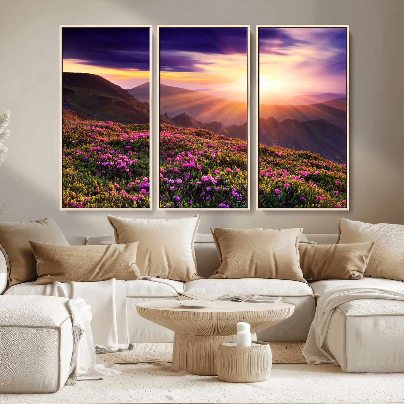 -Mountain Sunrise Wall Art – Vibrant Floral Landscape Canvas Print, Nature Home Decor for Living Room, Bedroom Office or Cabin