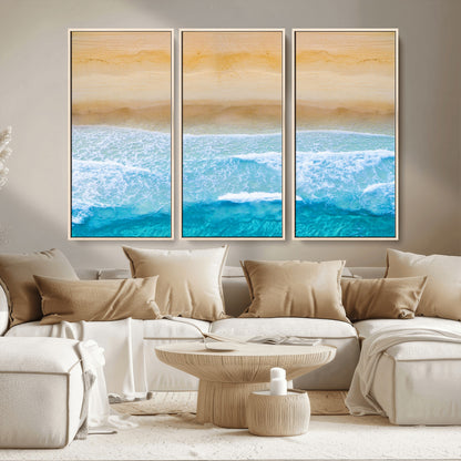 -Aerial Beach Wall Art – Serene Ocean Waves & Sandy Shore Canvas Print, Coastal Home Decor for Living Room, Bedroom or Office