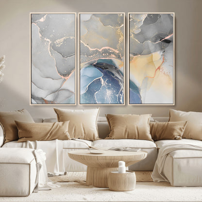 -Abstract Fluid Art Wall Decor – Blue, Gray & Gold Canvas Print, Modern Home and Office Wall Art Decor for Living Room, Bedroom or Workspace