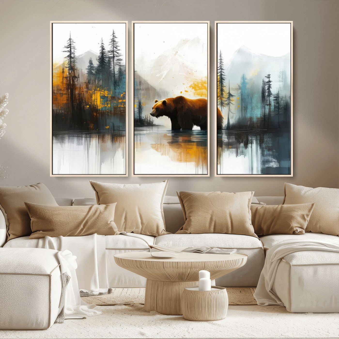 A majestic bear stands by the serene waters of a misty forest, surrounded by towering trees and distant mountains, evoking the raw beauty and wild spirit of nature.