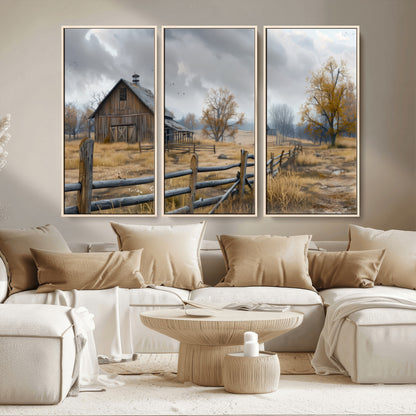 A tranquil rural scene featuring a rustic barn, overcast skies, and golden fields with scattered trees, evoking a sense of peaceful solitude in nature.