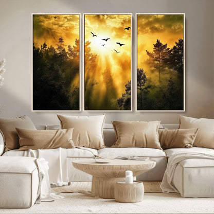Canvas of a golden forest at sunset with birds flying through glowing sunbeams and silhouetted pine trees, ideal for warm-toned rustic decor.