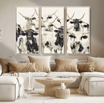 Canvas of a Texas Longhorn cattle herd in neutral black and white tones, ideal for rustic farmhouse or western-themed decor.