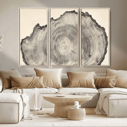 Detailed tree ring drawing in monochrome tones, ideal for rustic or nature-inspired interiors with a minimal decor aesthetic.