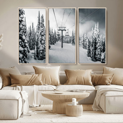 Canvas of a snowy ski lift scene through a forest of tall pine trees, ideal for moody winter or alpine-themed home decor.
