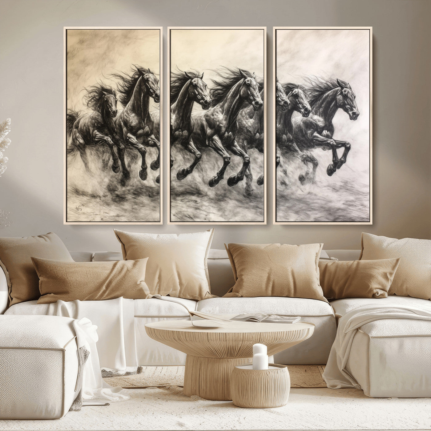 Monochrome drawing of a herd of galloping horses, perfect for dynamic and wild-themed decor in any equestrian or nature-inspired room.