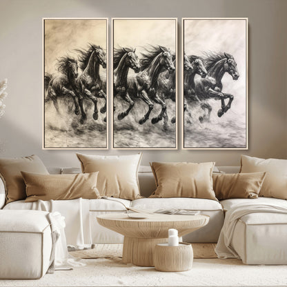 Monochrome drawing of a herd of galloping horses, perfect for dynamic and wild-themed decor in any equestrian or nature-inspired room.