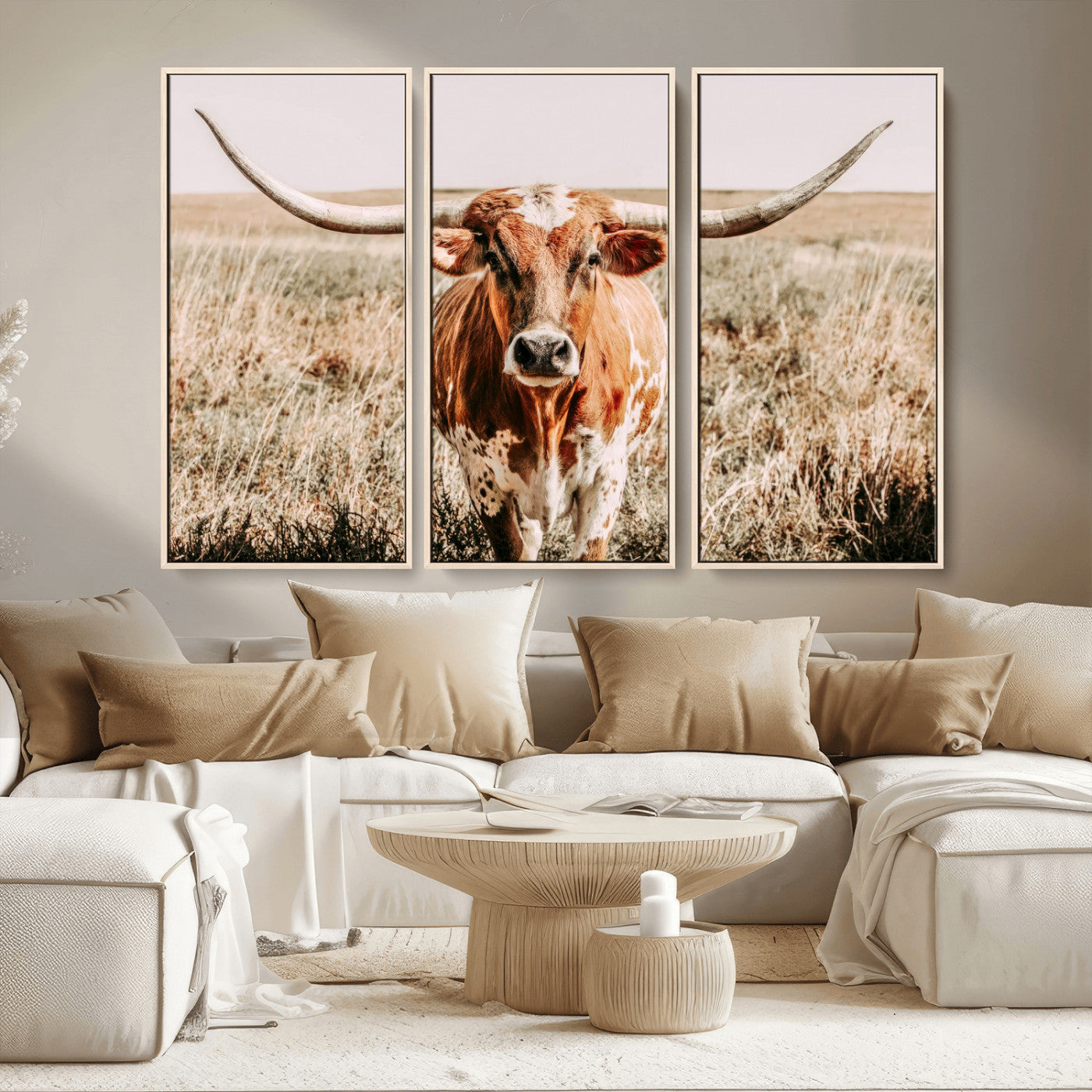 Framed longhorn cow canvas wall art with rustic prairie background, western animal print perfect for farmhouse or ranch style decor