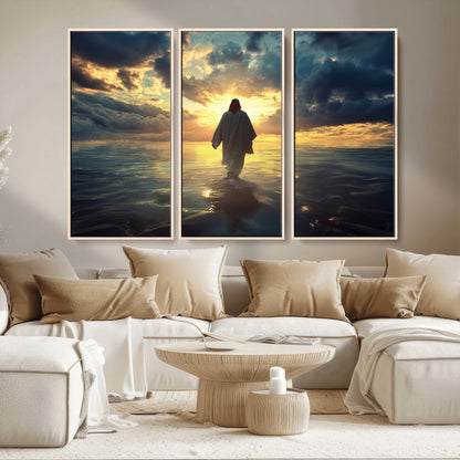 Spiritual artwork of Jesus walking on water at golden hour with divine light, ideal for Christian home decor or prayer room.