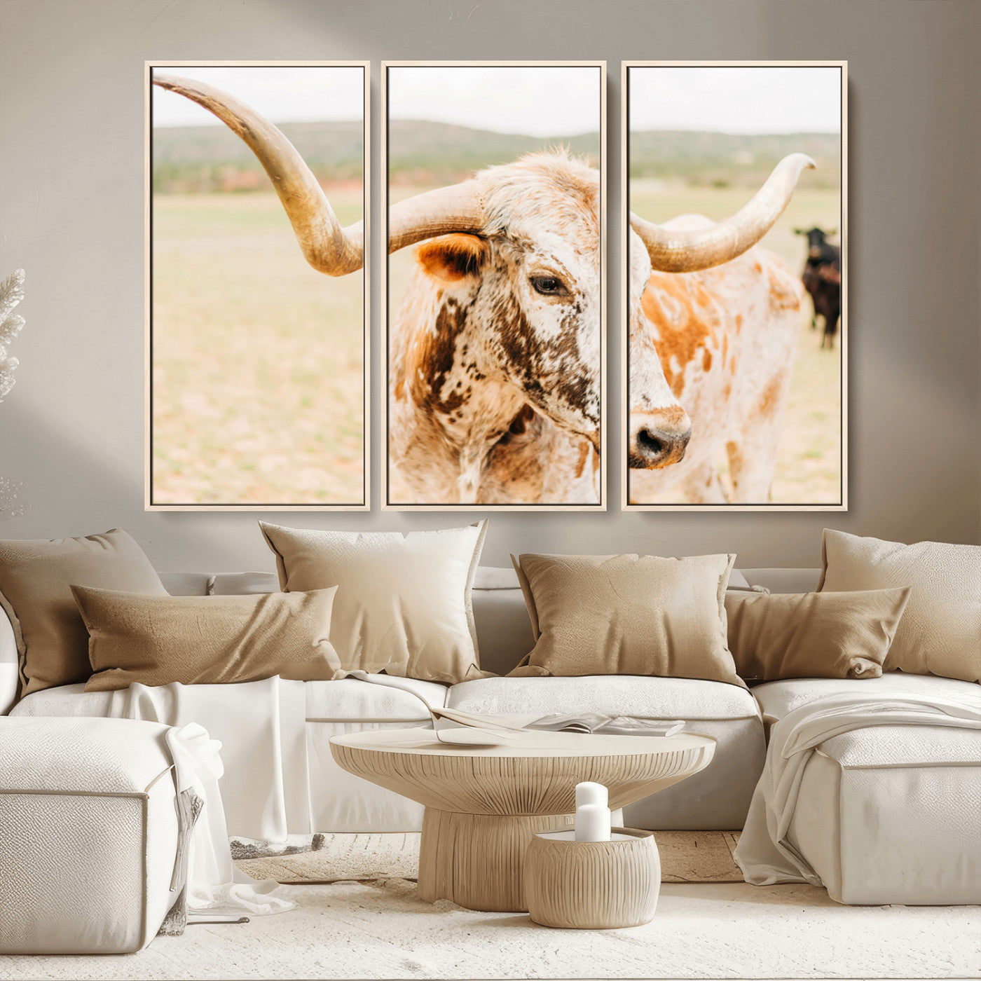 Close-up of a speckled Texas Longhorn in warm prairie tones, perfect for rustic western or countryside-themed room decor.