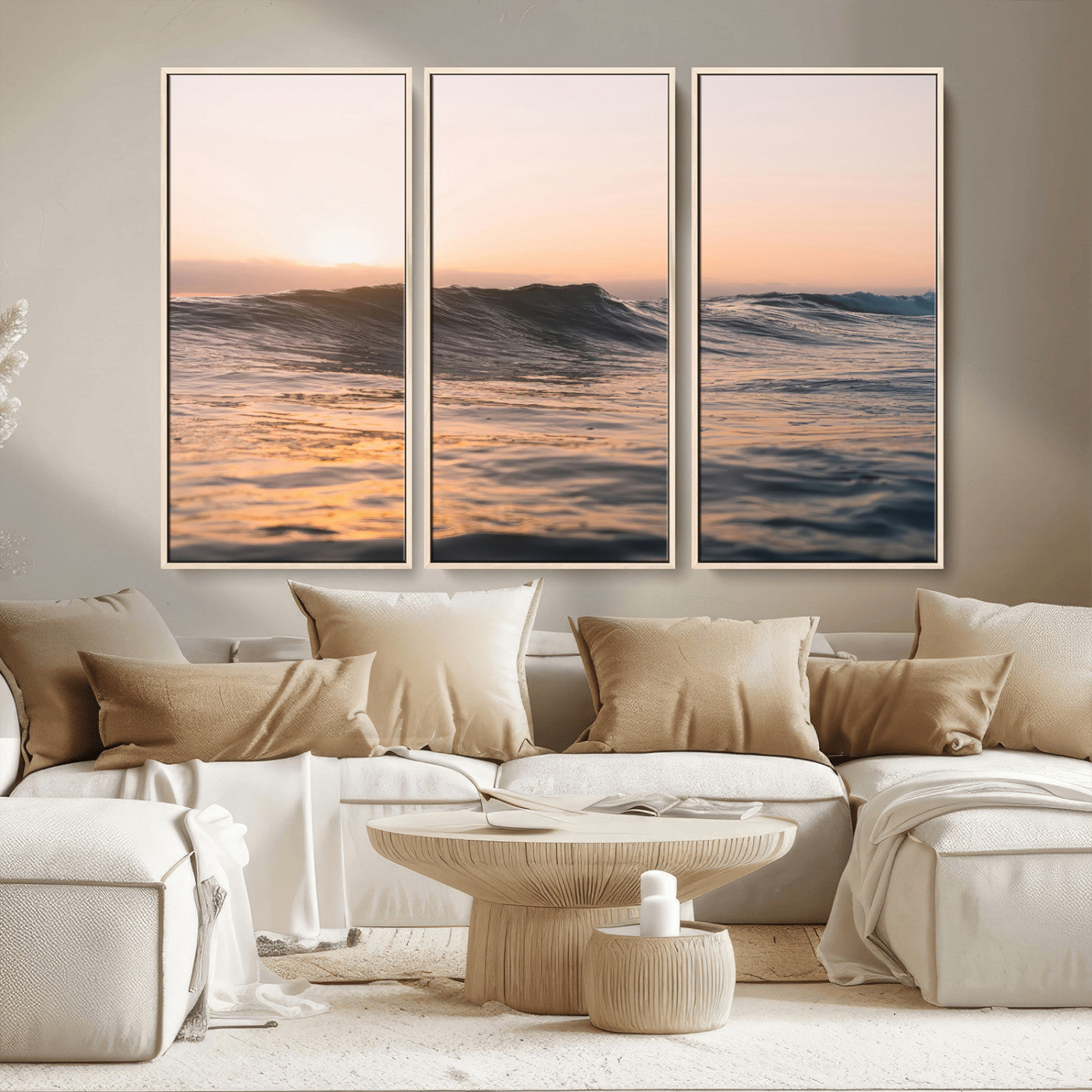 Framed canvas of ocean waves glowing in sunset light, ideal for golden hour calm or peaceful coastal-inspired wall decor.