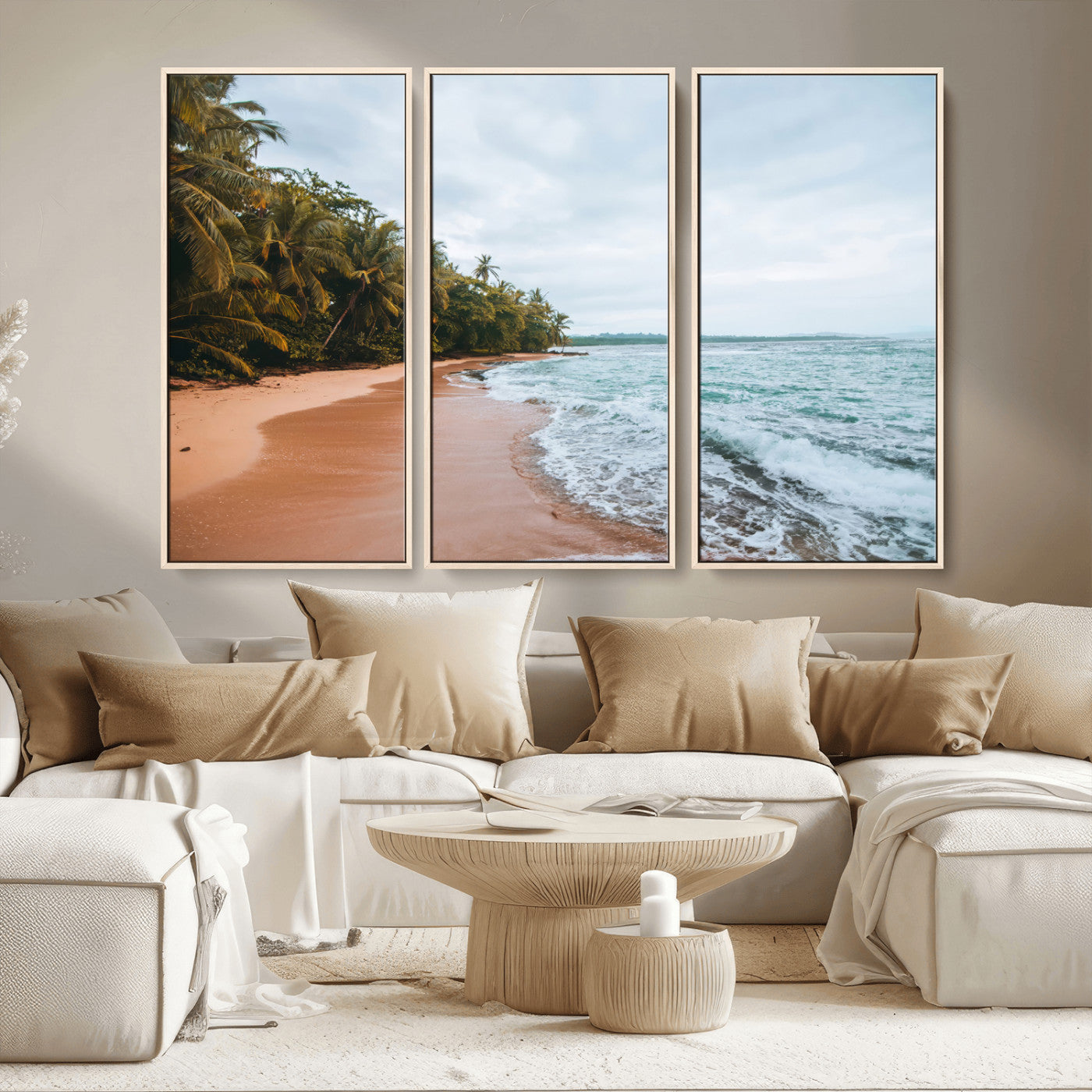 Framed canvas of a tropical beach with palm trees and soft waves, ideal for coastal escape or serene nature-inspired home decor.