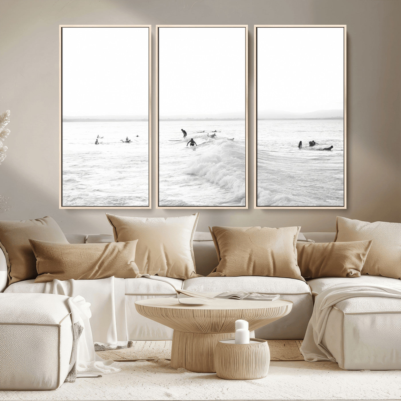 Monochrome photo of surfers riding and waiting on ocean waves, ideal for surf-themed or coastal energy wall decor.