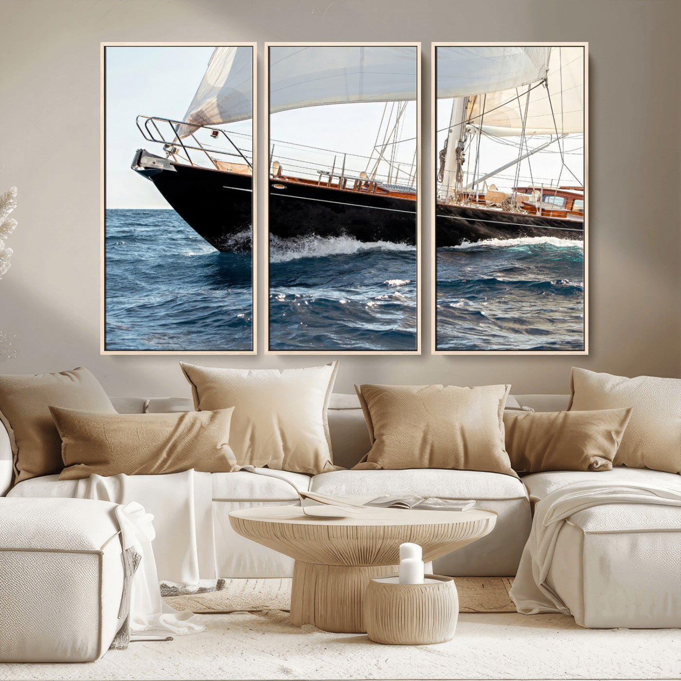 Close-up of a classic sailing yacht with wooden deck and full sails, perfect for nautical or coastal-style decor in ocean-themed spaces.