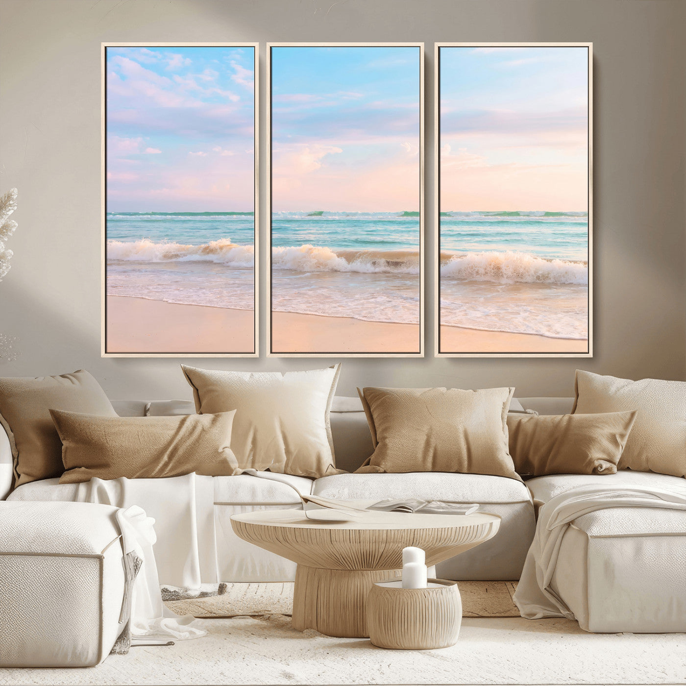 Pastel-toned ocean waves under soft sunset skies, ideal for pastel coastal or serene beach-style home decor.