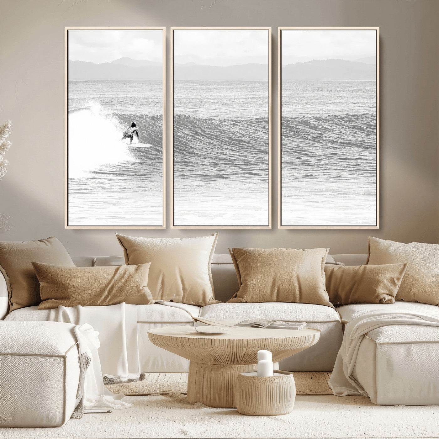 Monochrome photo of a surfer riding a wave with distant mountains, ideal for coastal motion or black and white surf-themed wall decor.