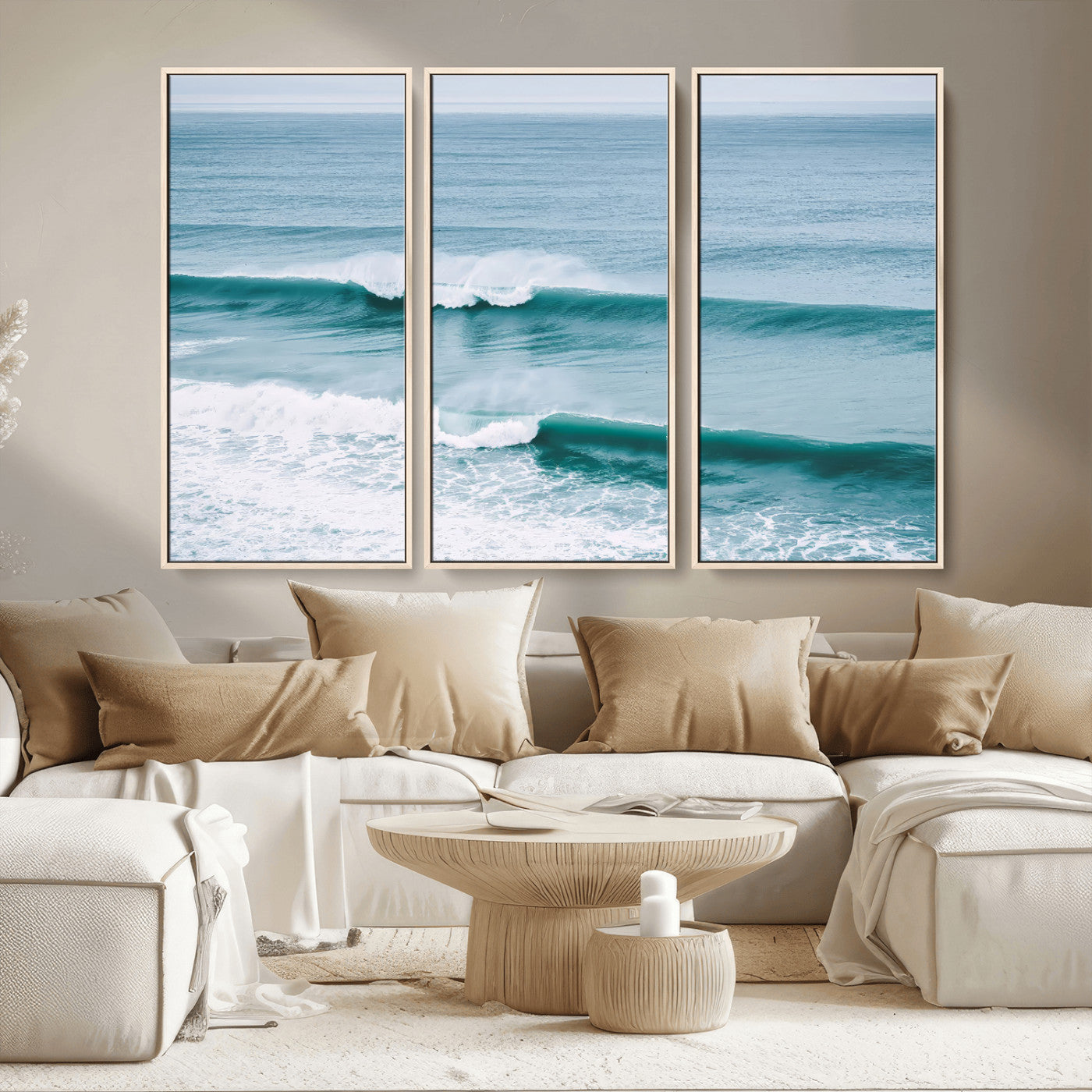 Powerful ocean waves rolling towards the shore, their turquoise hues blending with white sea foam under an open horizon, capturing the essence of the ocean's movement.
