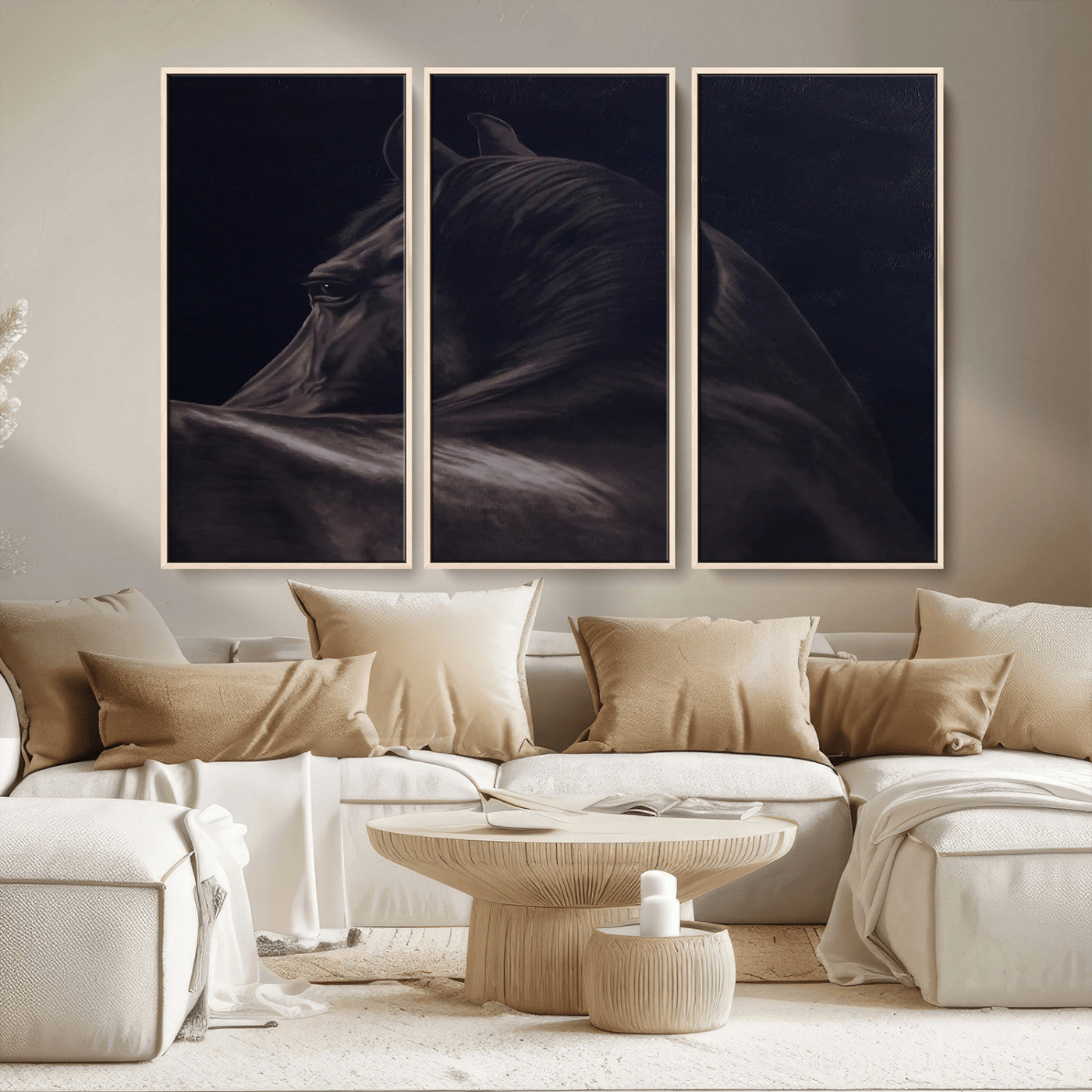 Close-up of a black horse with dramatic lighting on a dark background, perfect for rustic or masculine home decor.