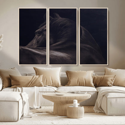 Close-up of a black horse with dramatic lighting on a dark background, perfect for rustic or masculine home decor.