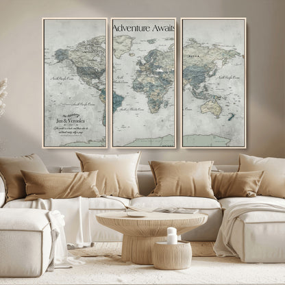 Customize Push Pin World Map Wall Canvas Print – Personalized Travel Tracker with Pins – Framed Custom Quotie Canvas for Home Office Decor