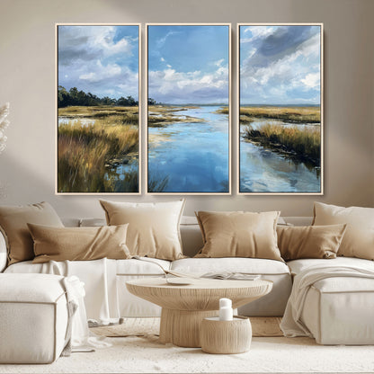 A beautiful, painterly landscape of a calm river winding through a marsh, with vibrant green grasses and a bright blue sky filled with fluffy clouds.