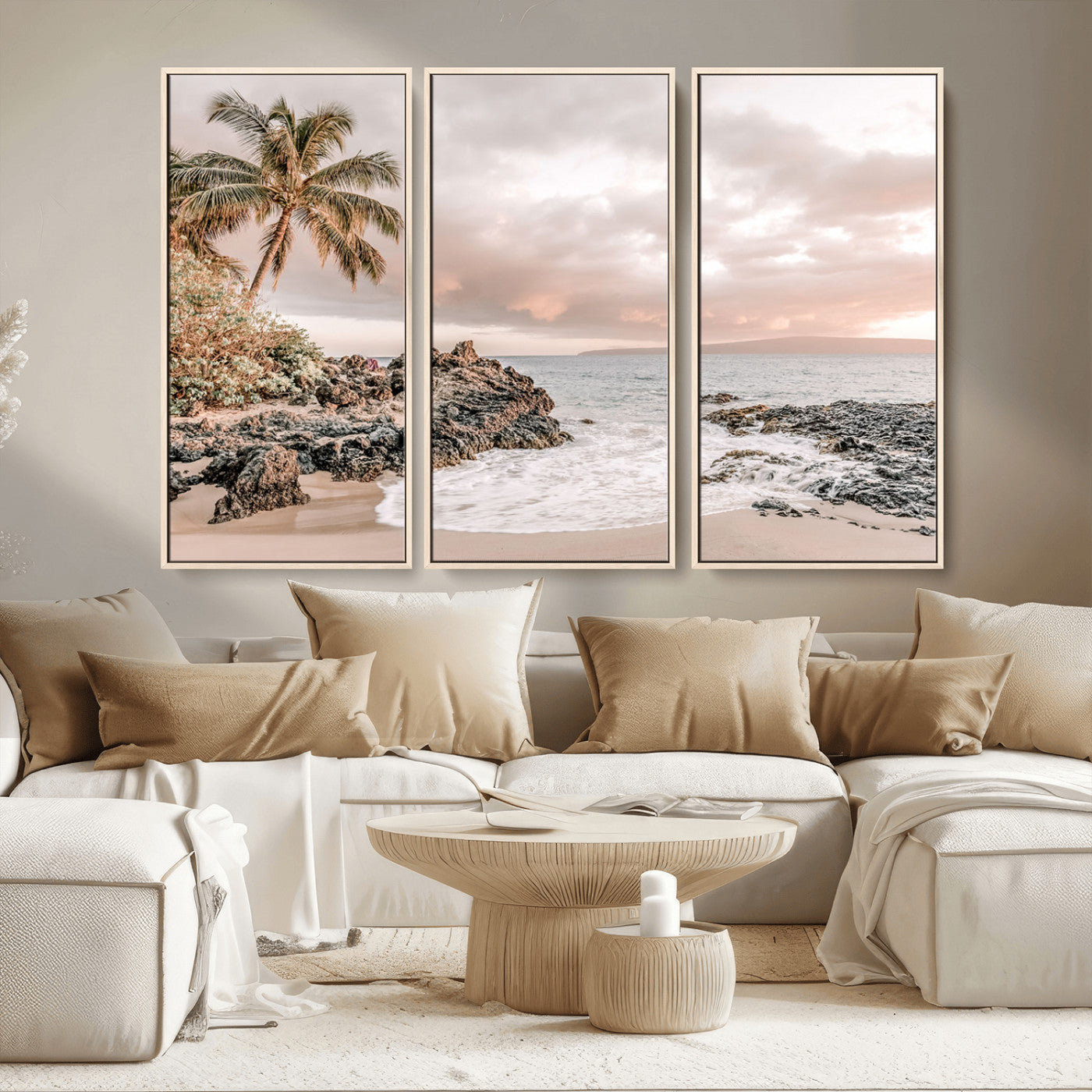 A peaceful beach scene with a palm tree and rocks, soft waves washing onto the shore under a soft pastel sky at sunset.