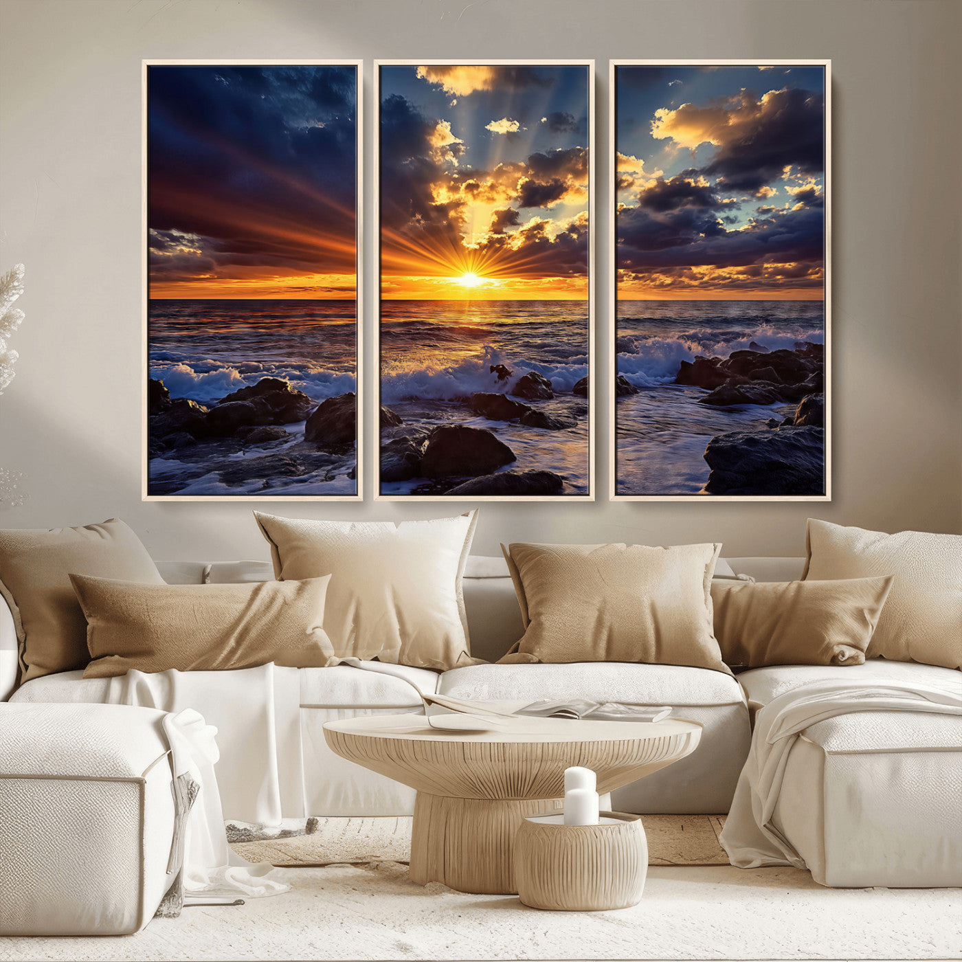An explosive sunset over the ocean with dramatic clouds and rays of sunlight reflecting off the water, creating a vibrant and captivating view.