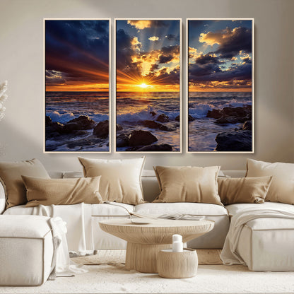 An explosive sunset over the ocean with dramatic clouds and rays of sunlight reflecting off the water, creating a vibrant and captivating view.