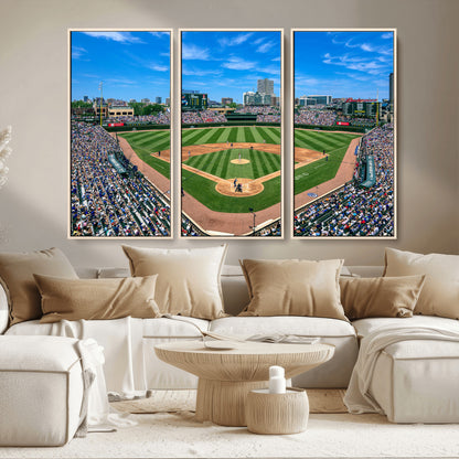 Wrigley Field Baseball Stadium Canvas Wall Art, Packed Crowd Sports Stadium Print, City Skyline Baseball Field Canvas for Game Room Decor