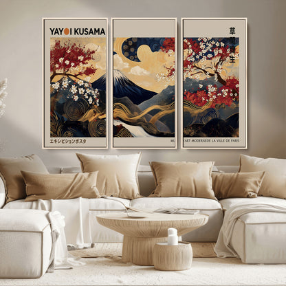 Yayoi Kusama's artwork featuring Mount Fuji, blooming cherry trees, and intricate swirls, blending traditional Japanese elements with vibrant color.