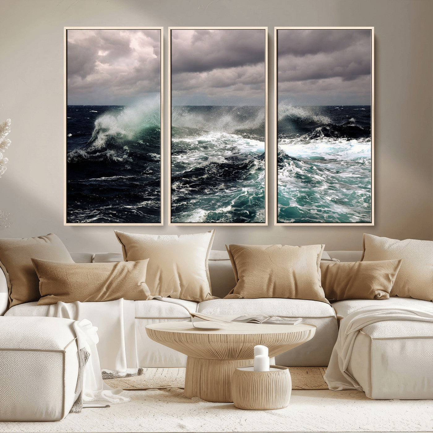 Powerful ocean waves crashing under stormy skies, creating a dynamic and intense seascape.