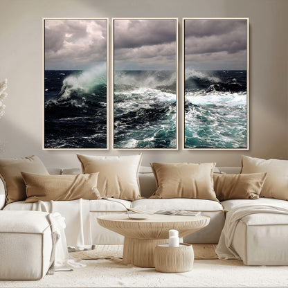 Powerful ocean waves crashing under stormy skies, creating a dynamic and intense seascape.