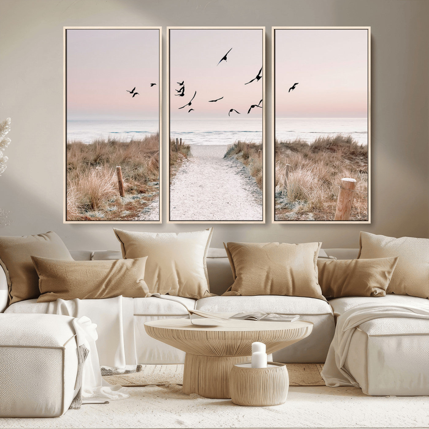 A peaceful coastal pathway leading to the ocean, with birds flying across a soft pastel sky, creating a calm and scenic beach atmosphere.