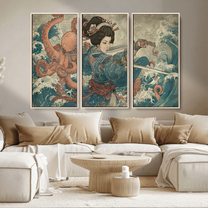 Tsukioka Yoshitoshi Samurai Wall Art Print, Japanese Katana Warrior Canvas Wall Art, Octopus Sea Monster Canvas Print,