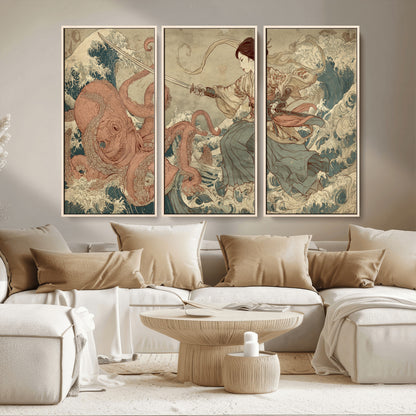 Tsukioka Yoshitoshi Samurai Wall Art Print, Japanese Katana Warrior Canvas Wall Art, Octopus Sea Monster Canvas Print,
