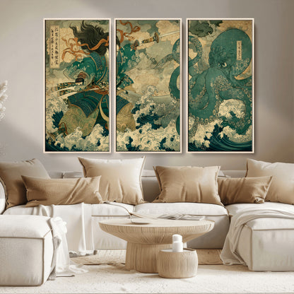 Tsukioka Yoshitoshi Samurai Wall Art Print, Japanese Katana Warrior Canvas Wall Art, Octopus Sea Monster Canvas Print,