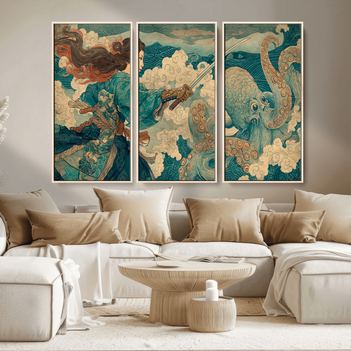Tsukioka Yoshitoshi Samurai Wall Art Print, Japanese Katana Warrior Canvas Wall Art, Octopus Sea Monster Canvas Print,