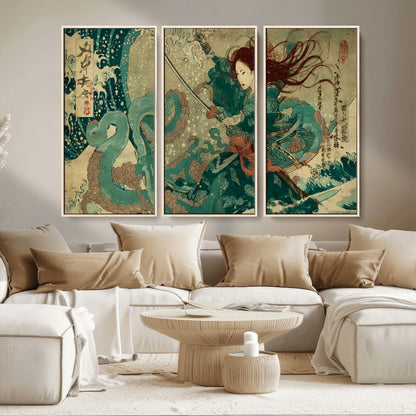 Tsukioka Yoshitoshi Samurai Wall Art Print, Japanese Katana Warrior Canvas Wall Art, Octopus Sea Monster Canvas Print,